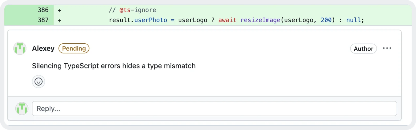 Code review example: silencing TypeScript errors