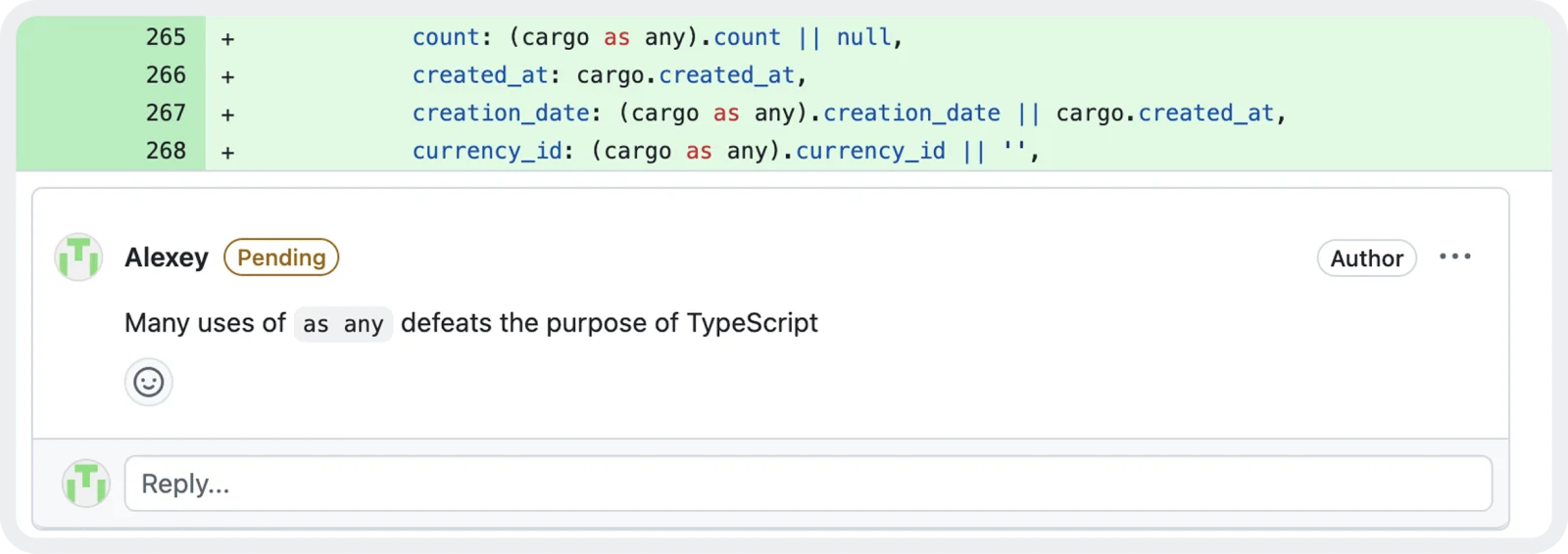 Code review example: using as any in TypeScript
